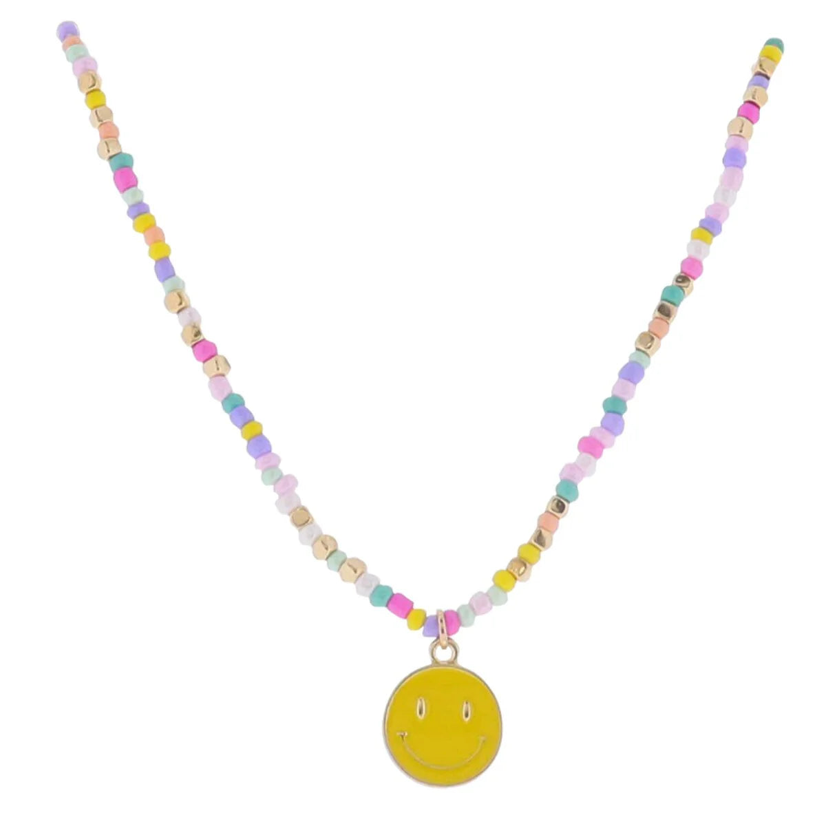 14" multi beaded necklace with yellow smiley pendant