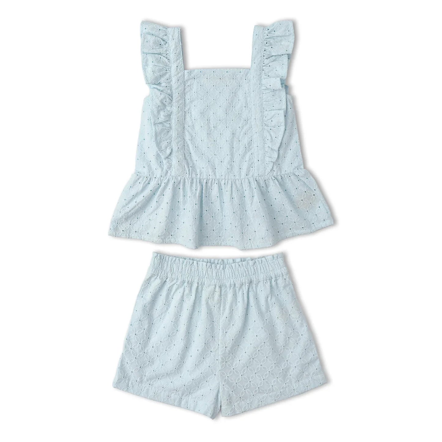 Organic Eyelet Flutter Top And Shorts Set - Light Blue Eyelet
