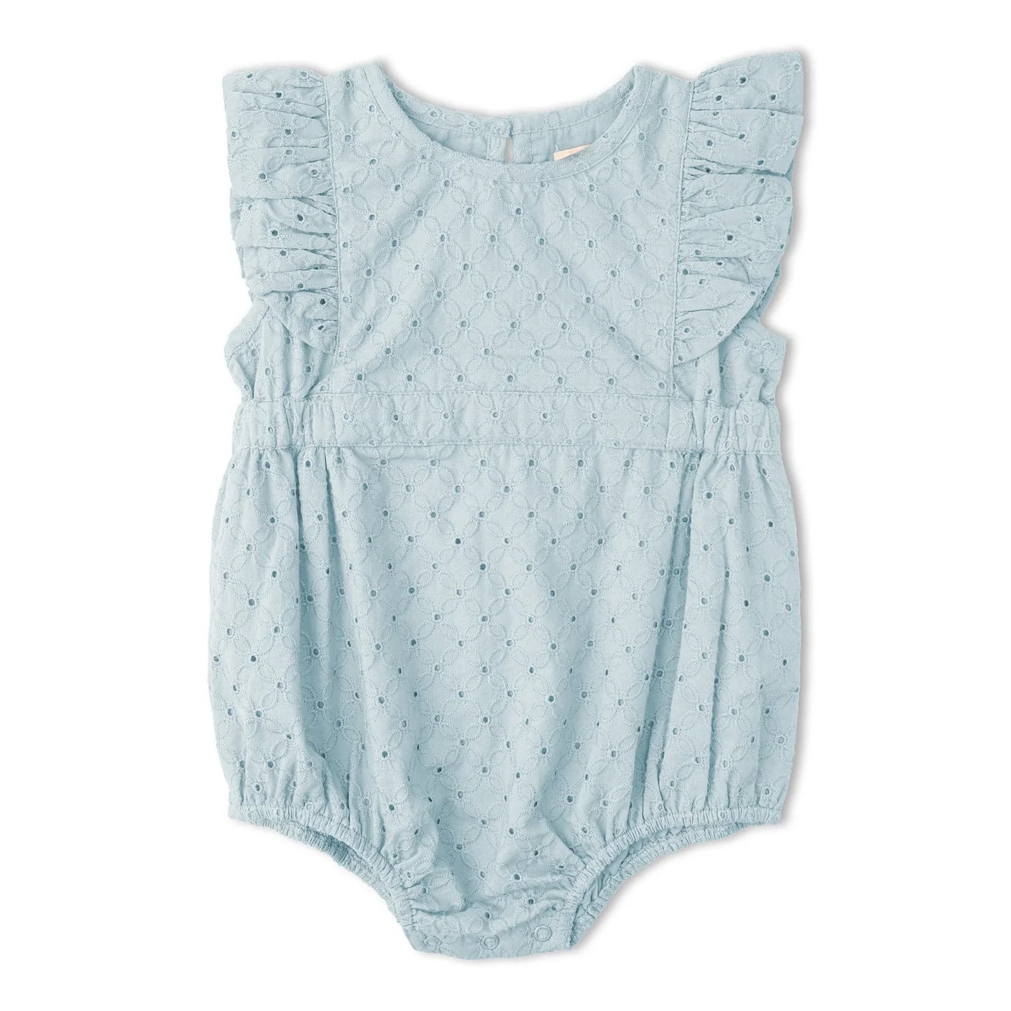 Organic Eyelet Flutter Romper - Light Blue Eyelet