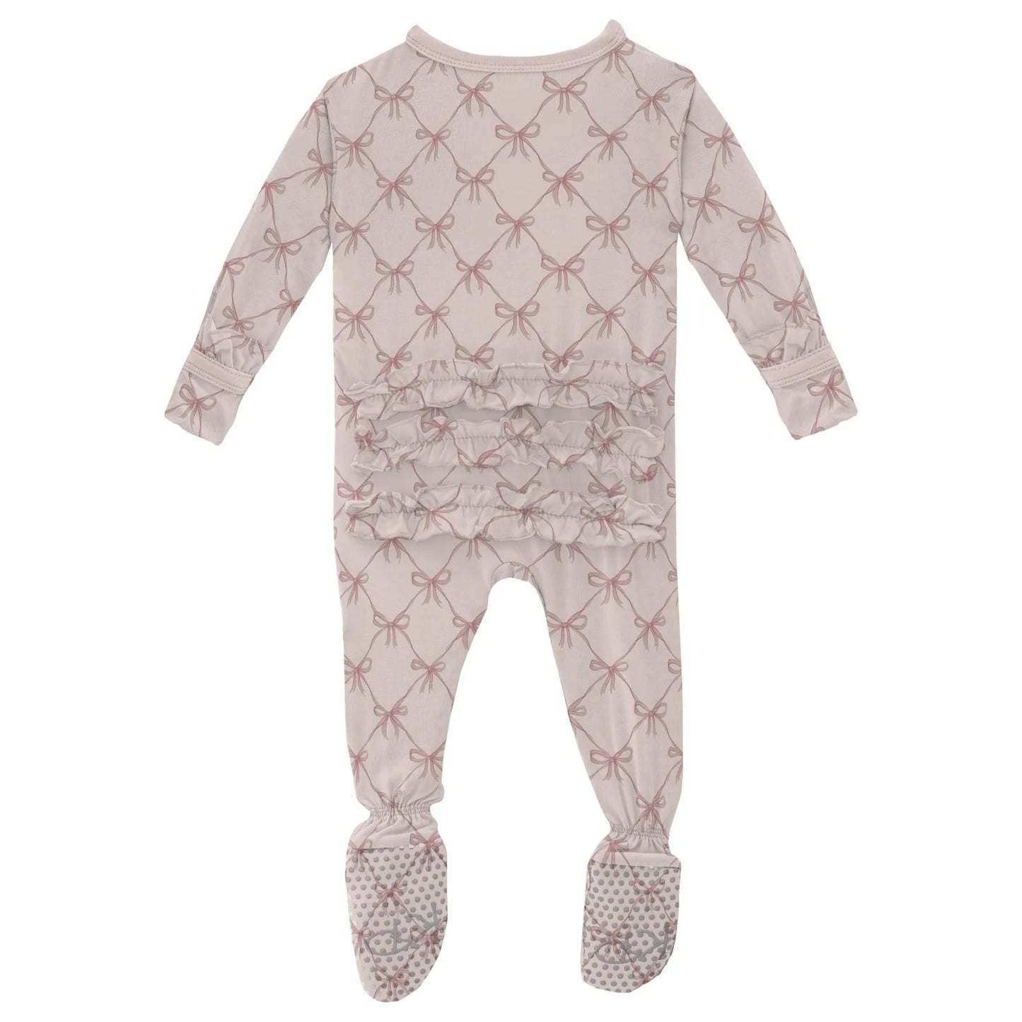 Layette Ruffle Footie with 2 Way Zipper in Shrinking Violet Bow Lattice