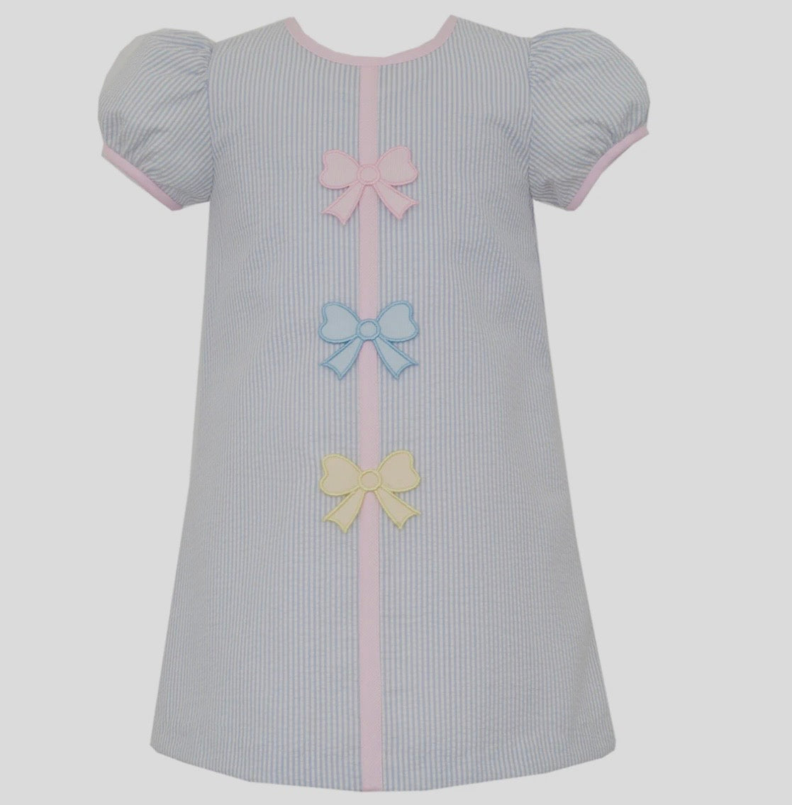 Pastel Bows on Light Blue Seersucker A-Line Dress