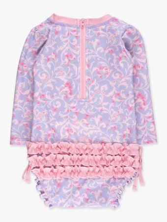 Lavender Floral Princess Long Sleeve One Piece Rash Guard Swimsuit