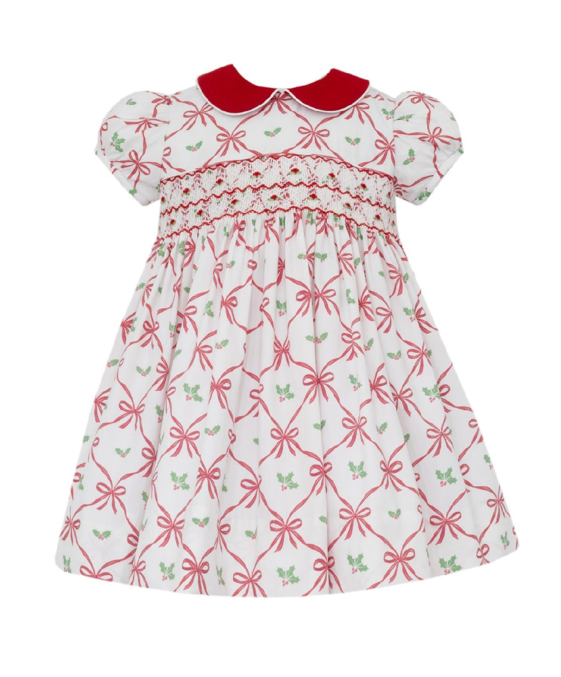 Alison Red Holiday Bow Print Dress W Red Collar