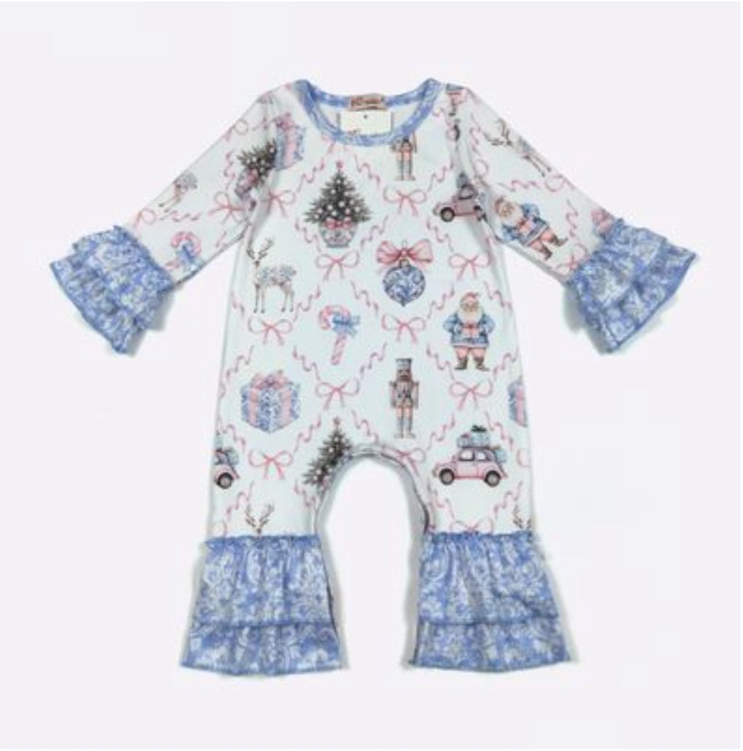 Blue Damask Nutcracker Baby Romper