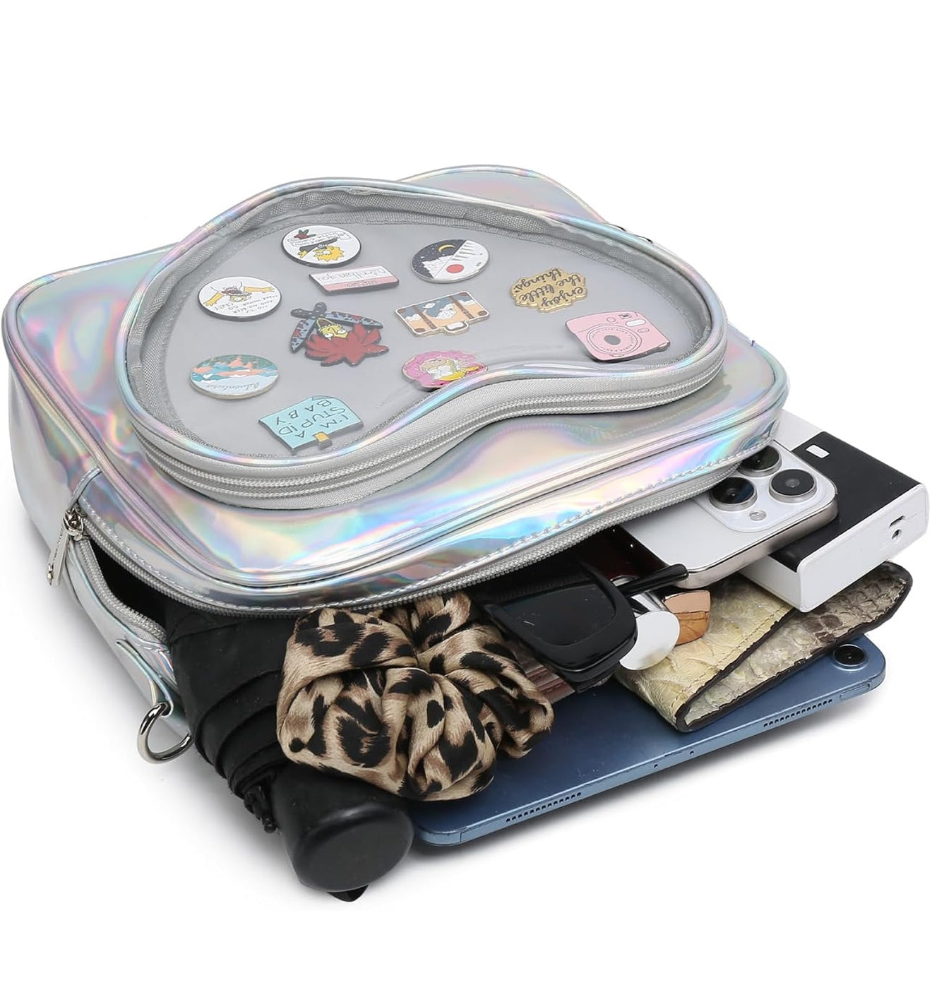 Laser Silver Clear Heart Backpack Crossbody Purse