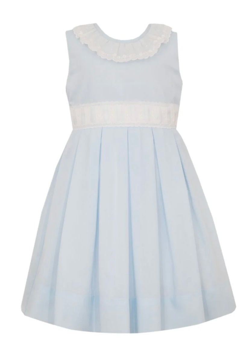 Light Blue Swiss Batiste Sleeveless Dress with White Ribbon Swiss Eyelet