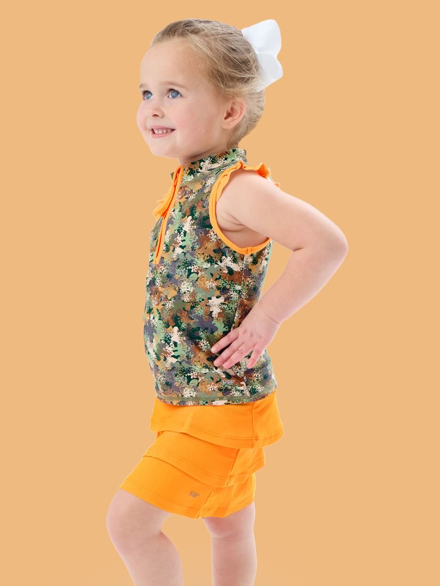 Classic Camo Sleeveless Zip Ruffle Sleeve Active Top