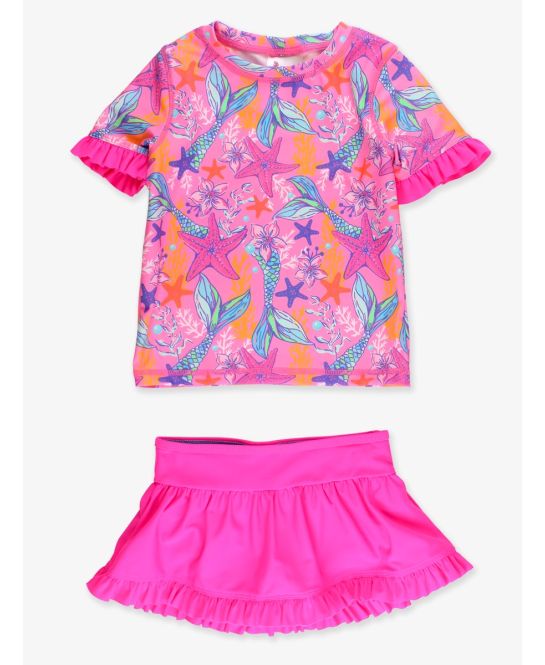 Neon Shimmer Mermaid Short Sleeve Ruffle Rash Guard Skirted 2-Piece Swimsuit
