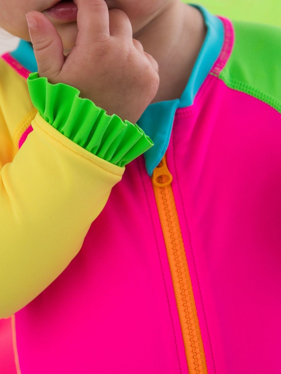 Neon Color Block Full Length Long Sleeve Rash Guard One Piece Swimsuit, With Signature Rear Ruffles
