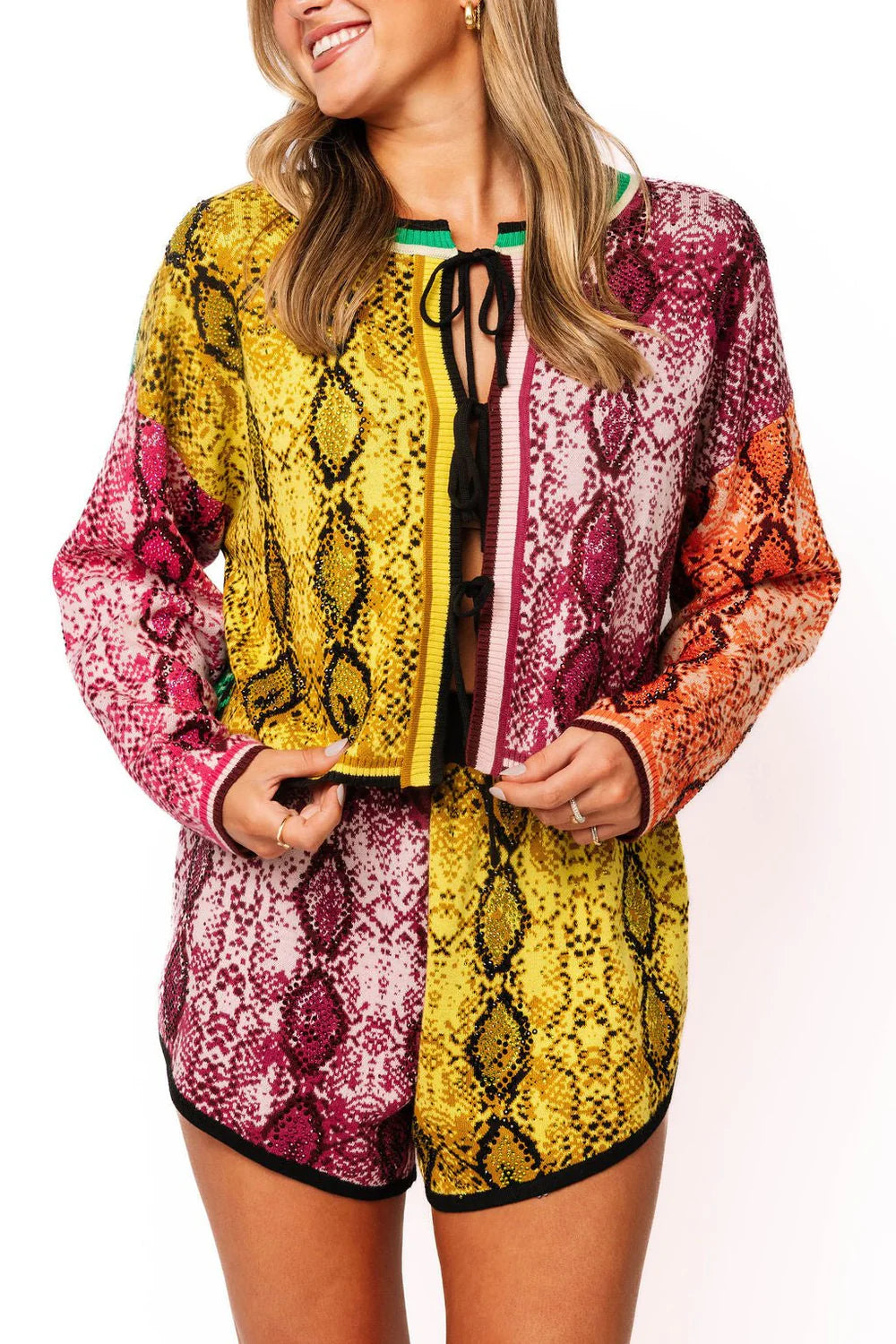 QOS Multi Snake Print Tie Up Sweater