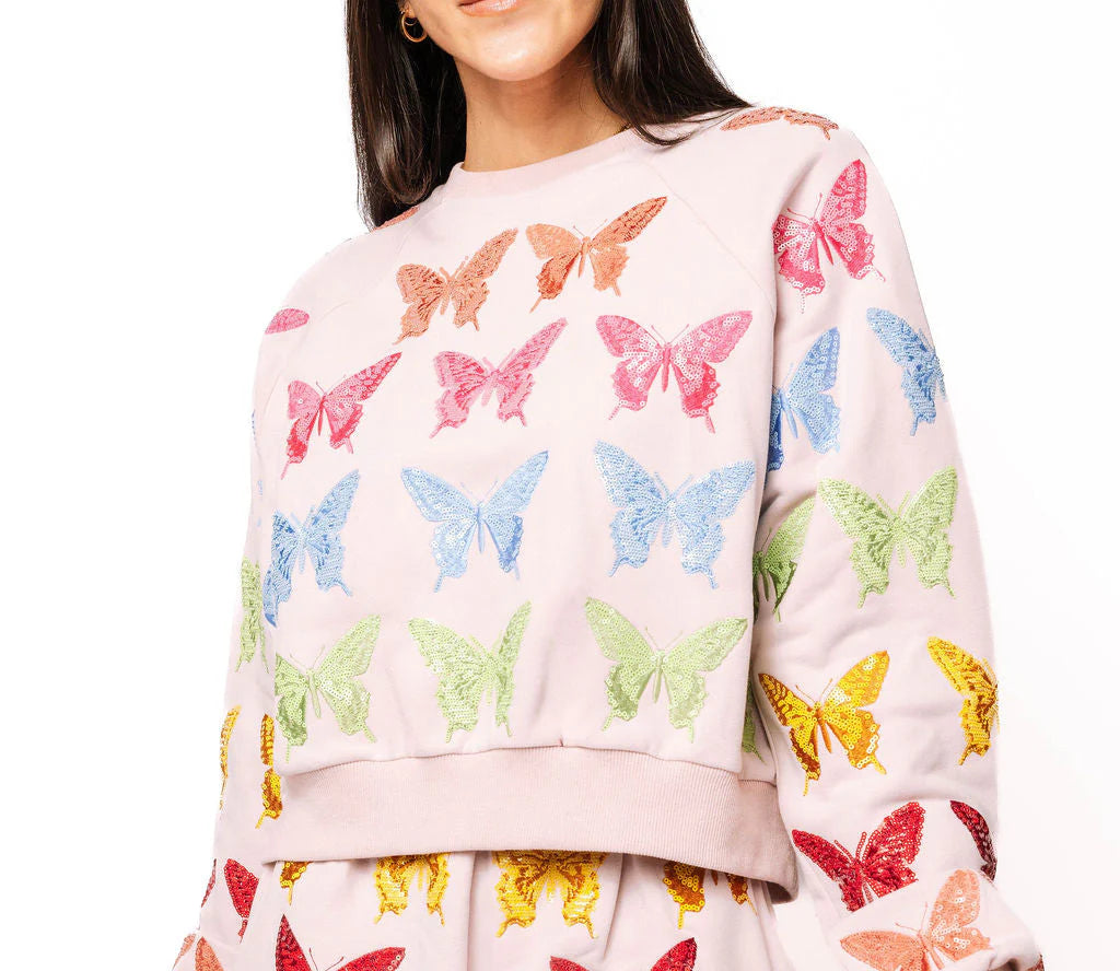 QOS Light Pink Multi Butterfly Sweatshirt Women