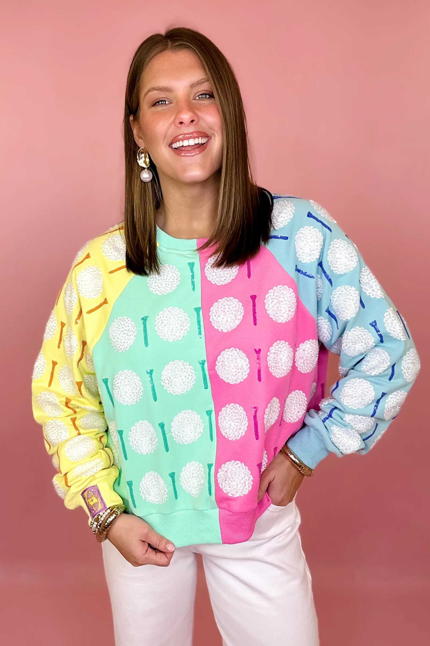 QOS Rainbow Colorblock Golf Ball & Golf Tee Sweatshirt Women