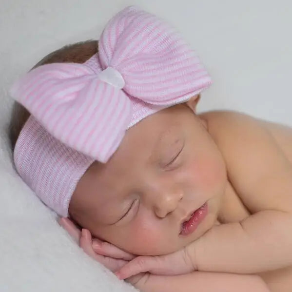 Bow Pink White Striped Headband with White Ribbon