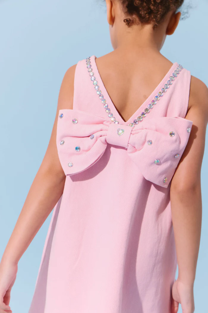 Pink Crystal Heart Denim Bow Dress