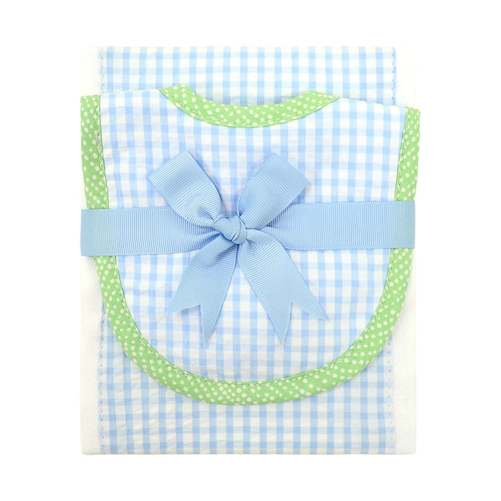 Blue & Green Gingham Bib/Burp Cloth Set