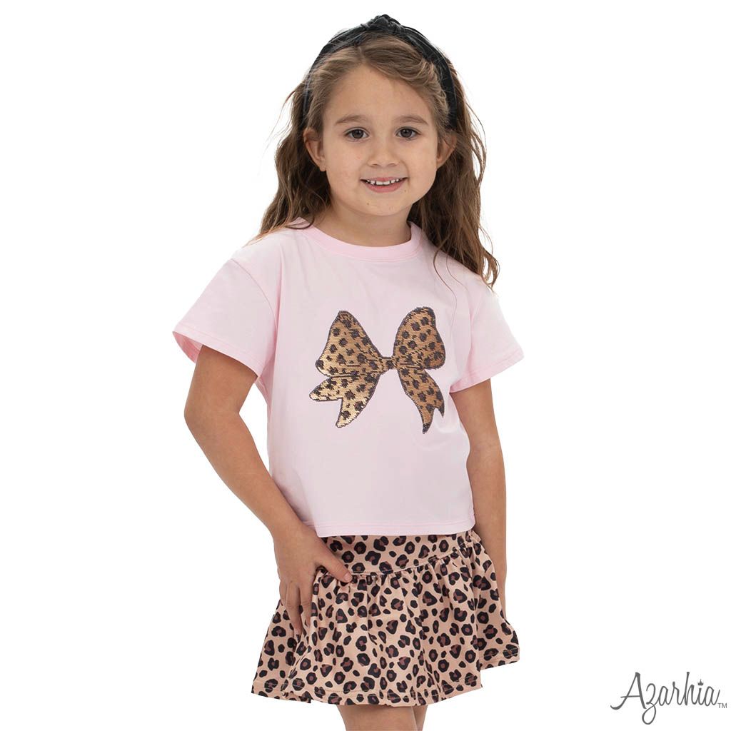 Light Pink Boxy Tee W Sequin Cheetah Bow