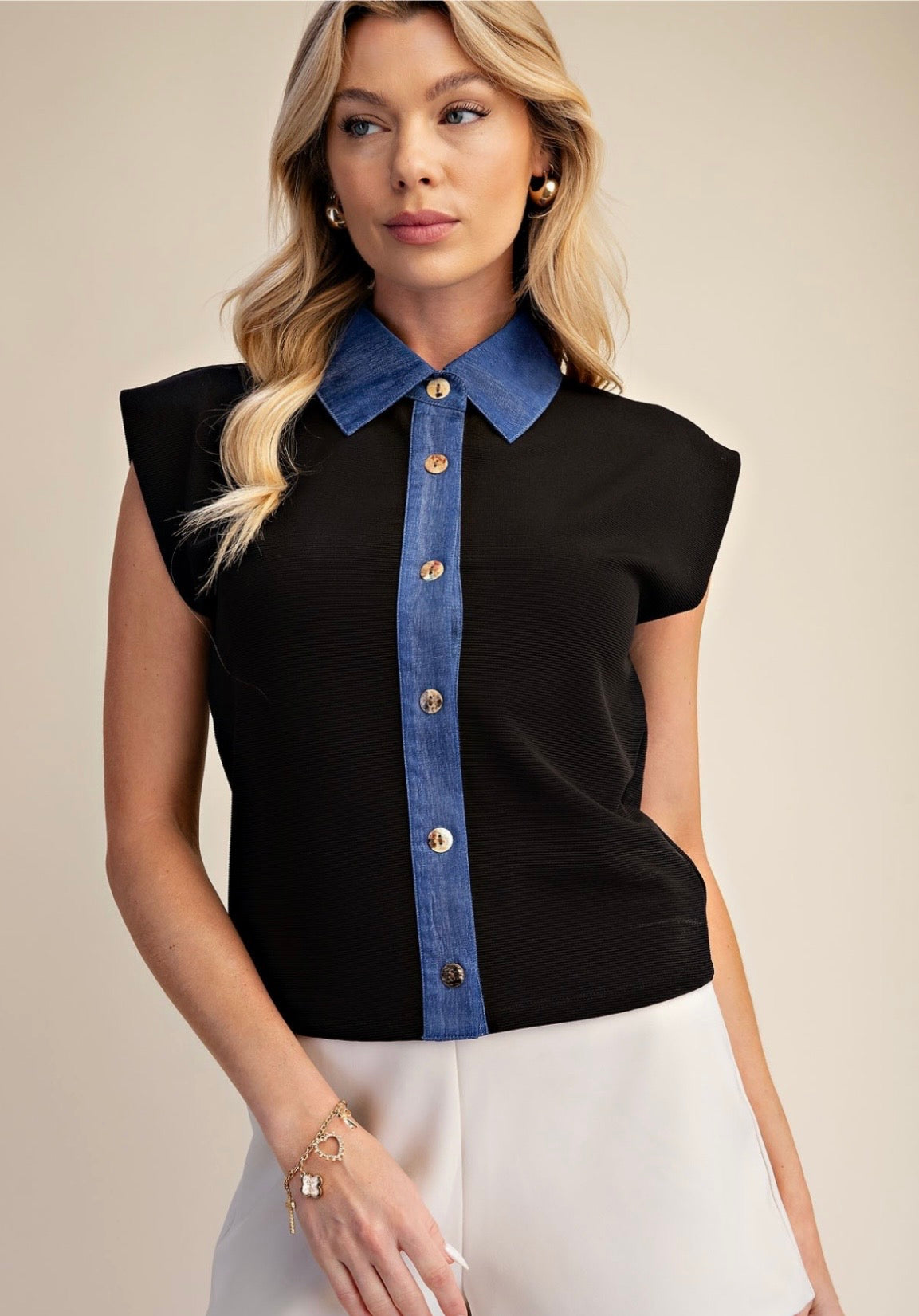 Black Vest Top with Collared Denim Placket