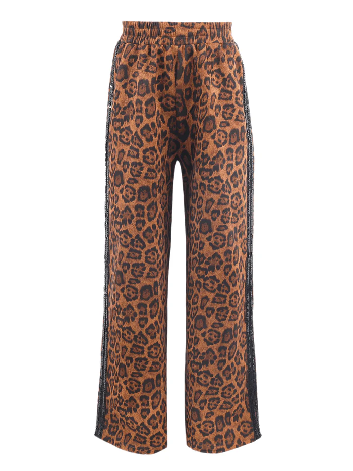 LEOPARD PRINT SEQUIN TRIM WIDE LEG TRACK PANTS