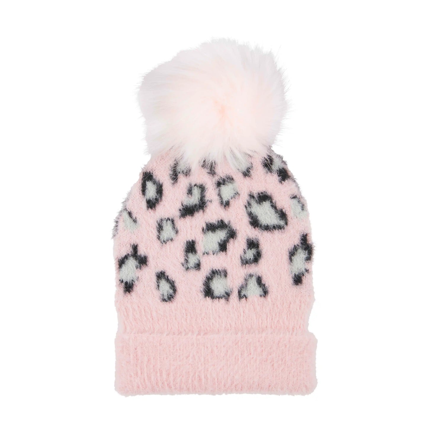 Fuzzy Pink/Black Leopard Beanie