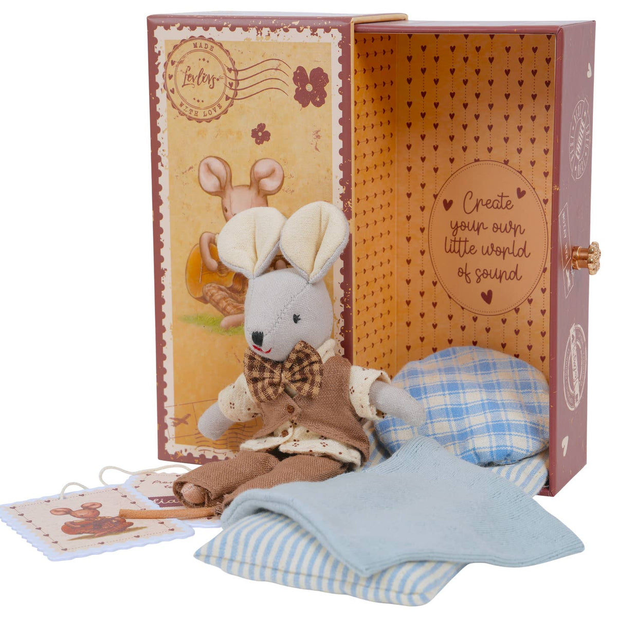 Levlovs Mouse Liam in Air Mail Stamp Holder Box with Bedding