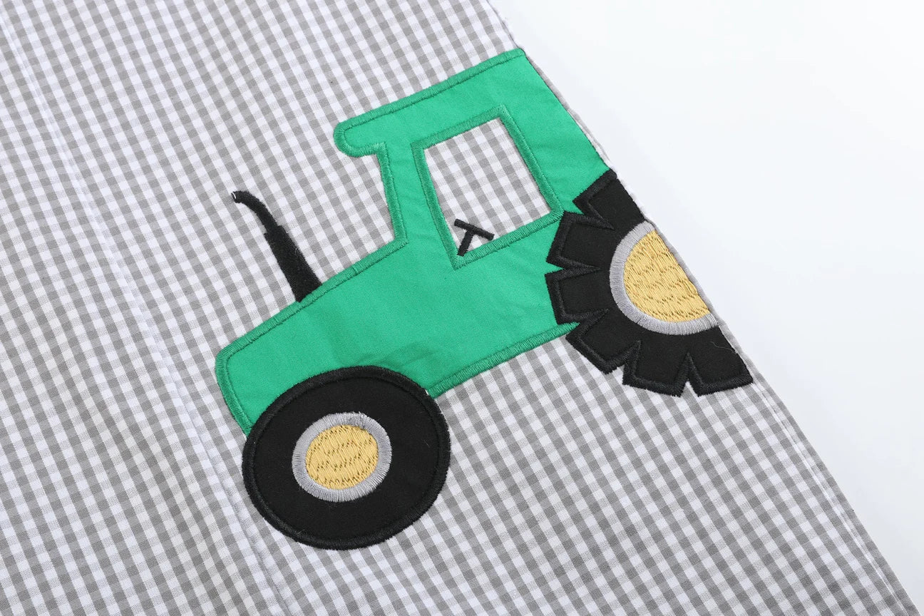 Gray Gingham Tractor Appliqué Shortall