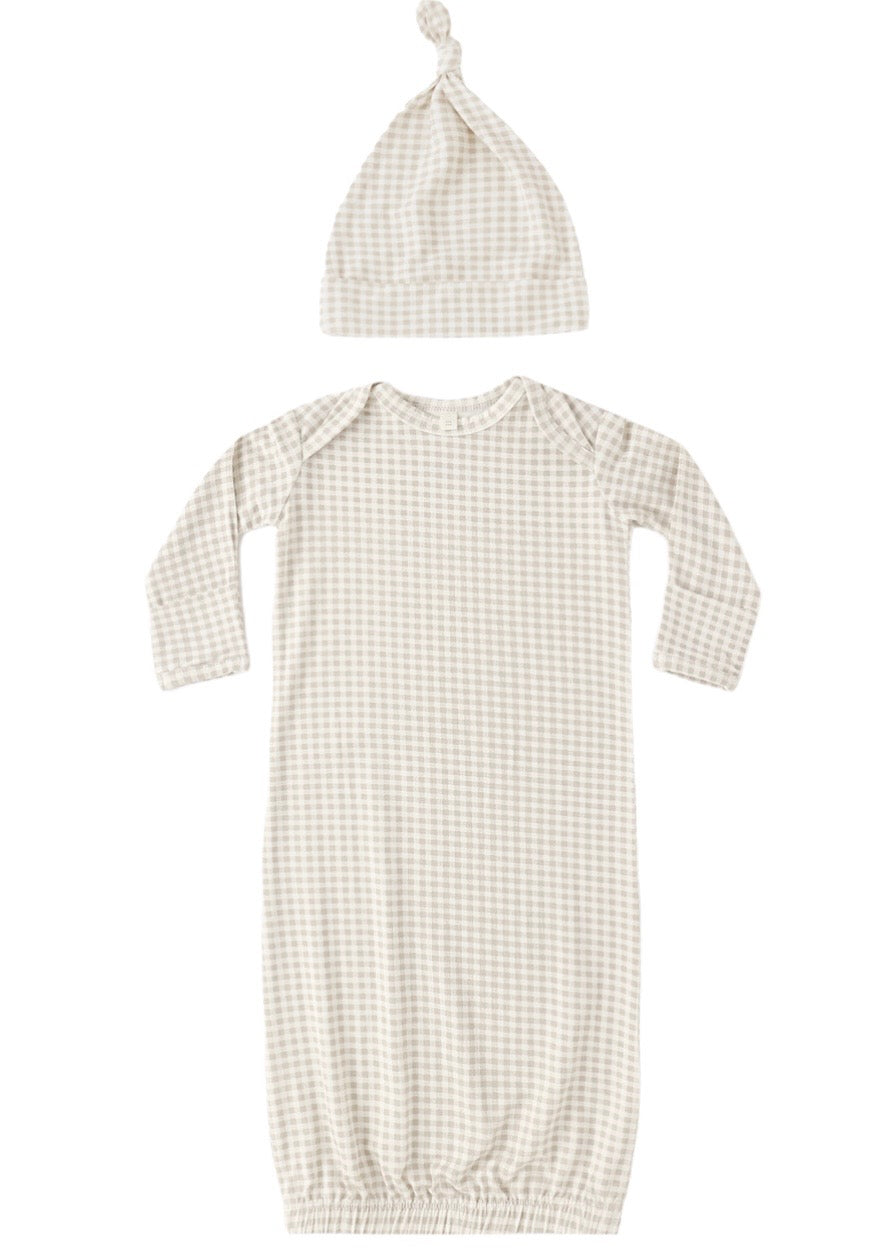 Bamboo Baby Gown & Hat Set Oat Gingham