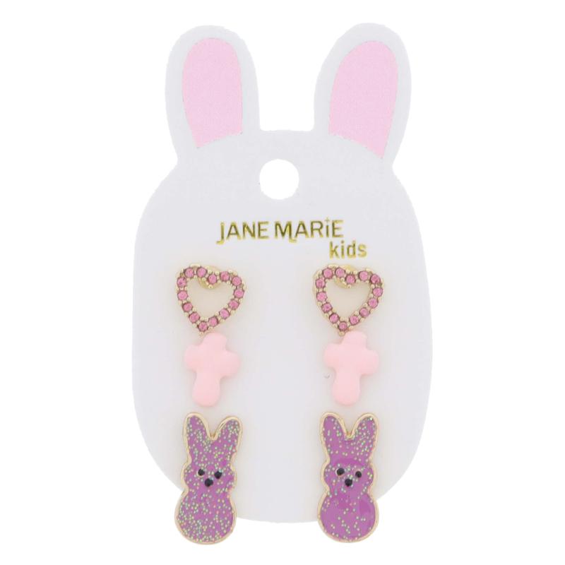 Pink Crystal Heart, Cross, Bunny Earrings Stud Set