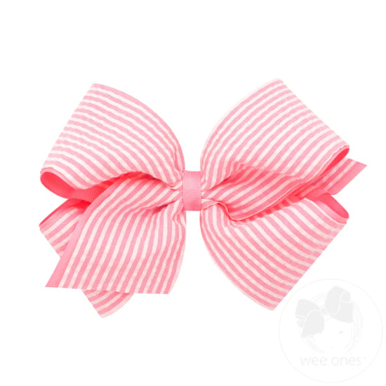 Pink Seersucker and Grosgrain Overlay Hair Bow