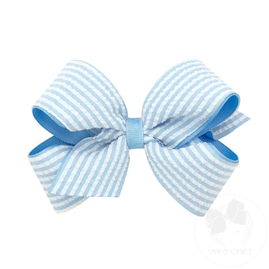 Small Blue Seersucker and Grosgrain Overlay Hair Bow