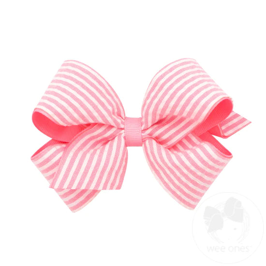 Small Pink Seersucker and Grosgrain Overlay Hair Bow