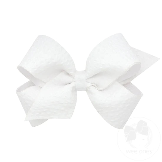 Small White Seersucker and Grosgrain Overlay Hair Bow