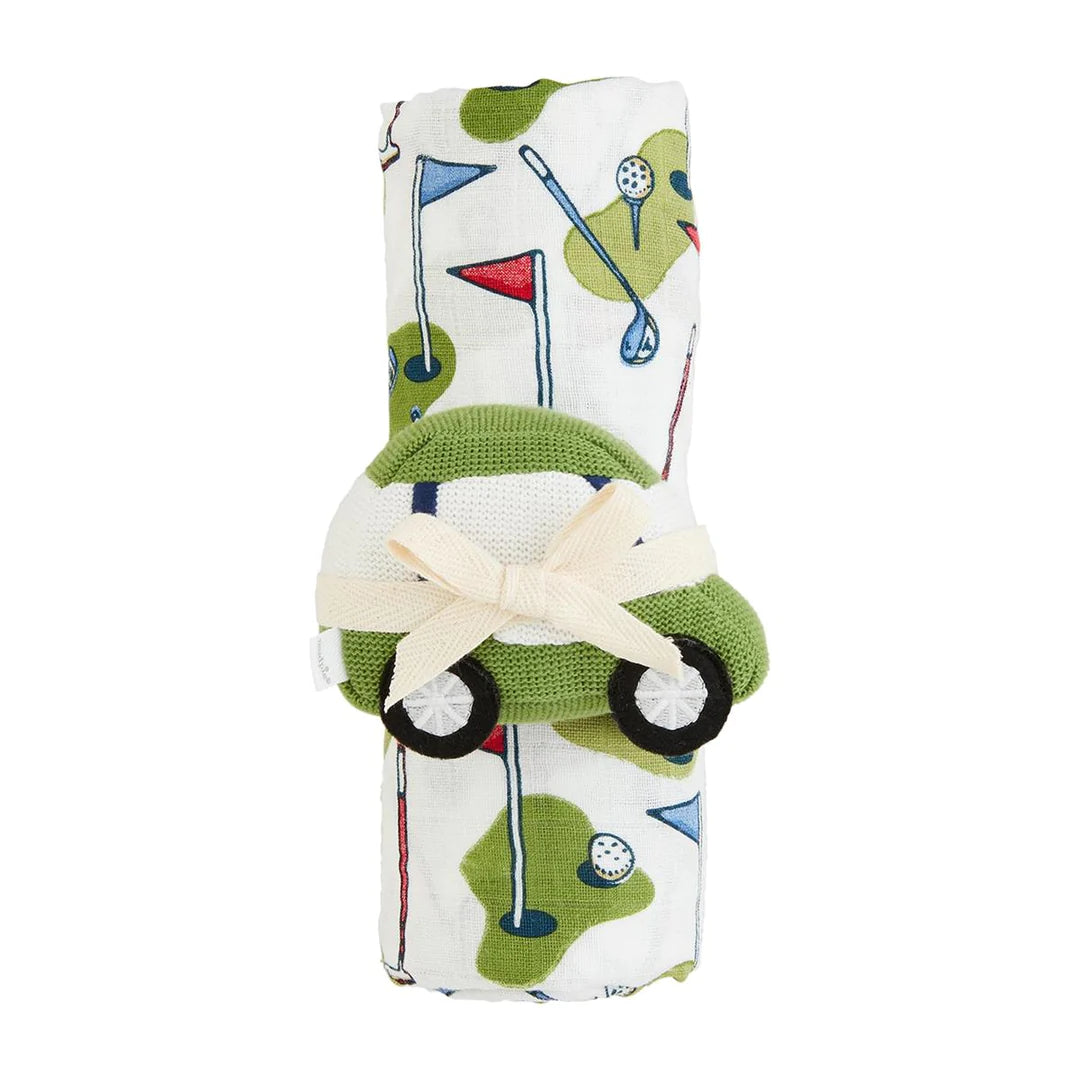 Blue Golf Muslin Swaddle + Rattle