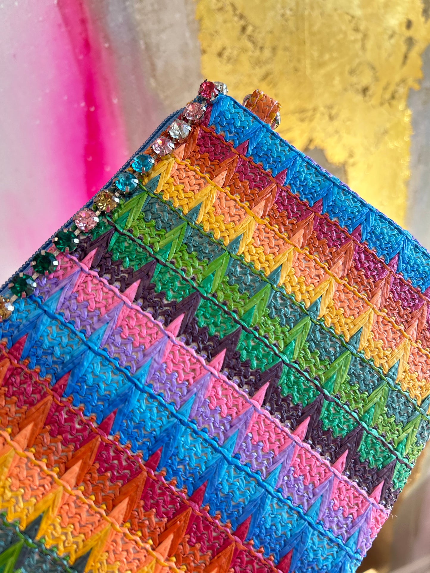 Raffia Jeweled Zig Zag Clutch