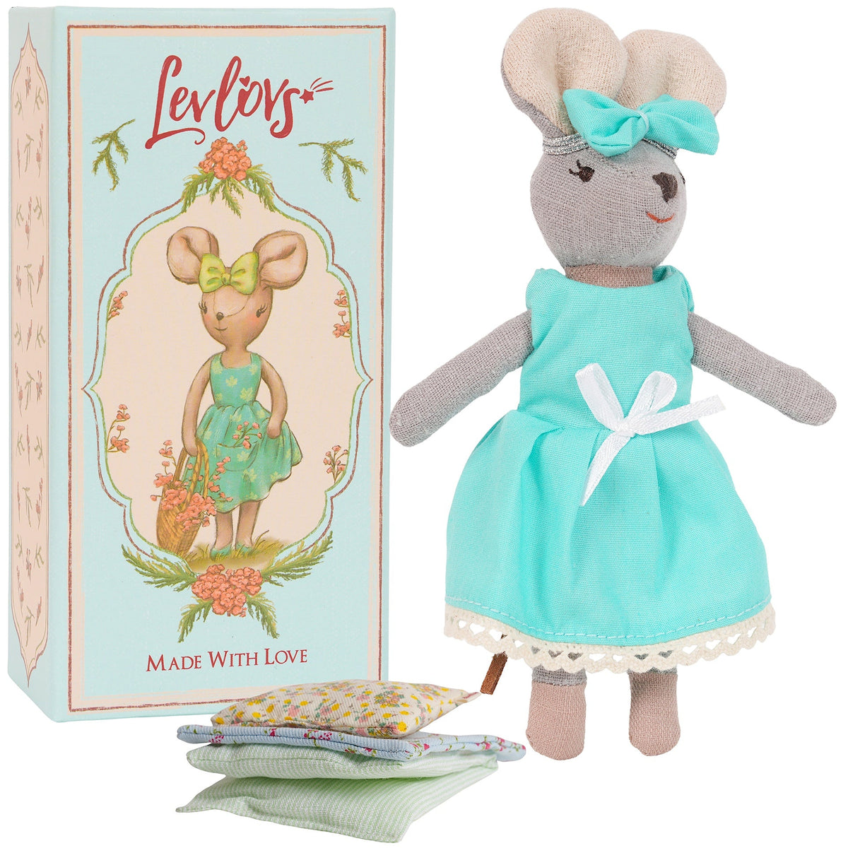 Levlovs Mouse Poppy linen mouse doll in a turquoise dress and matching bow