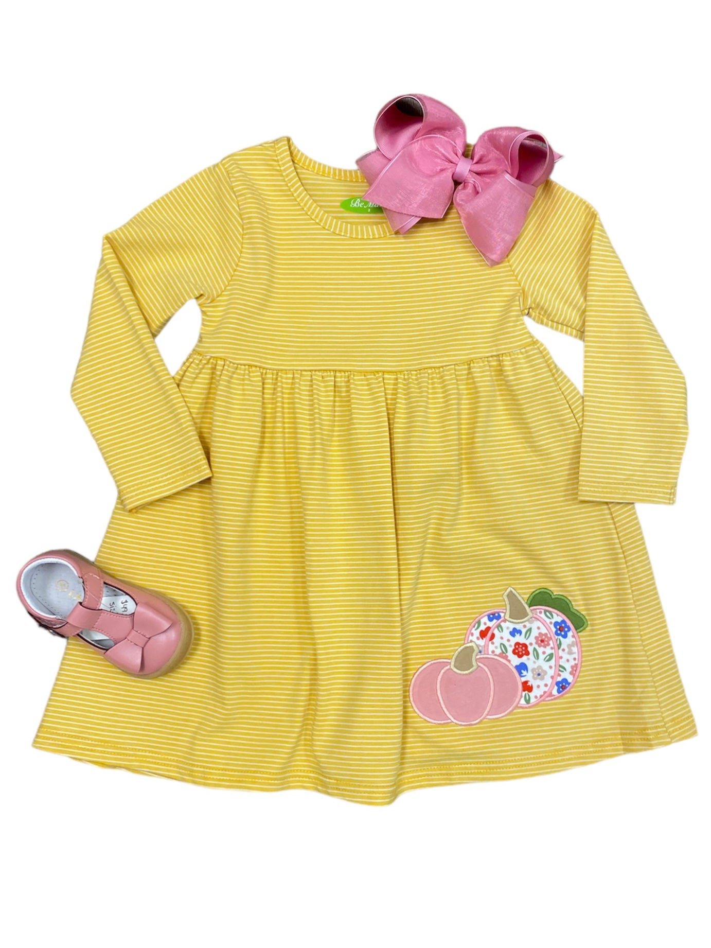 Yellow Stripe Pumpkin Appliqué Dress