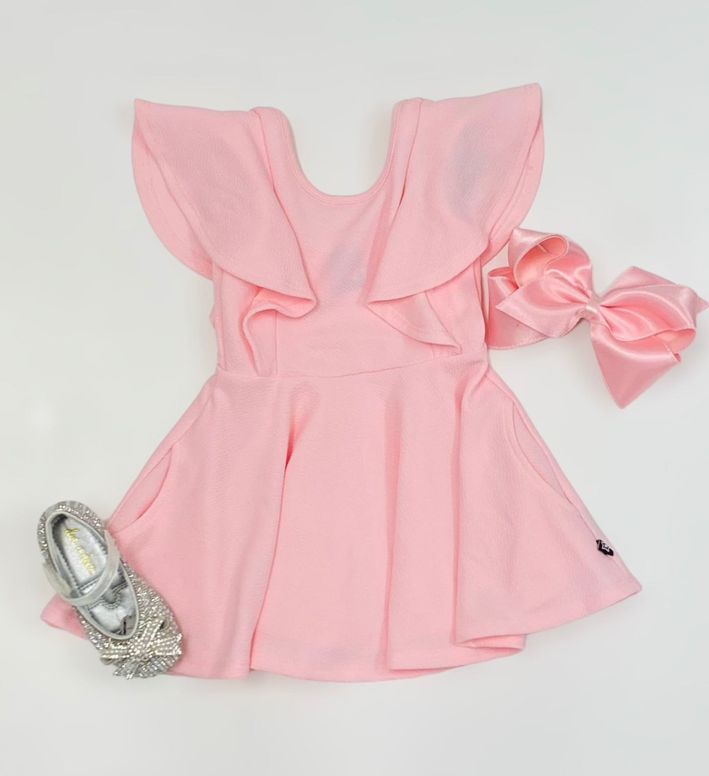 Pink Flutter Sleeve Pocked Skater Dress