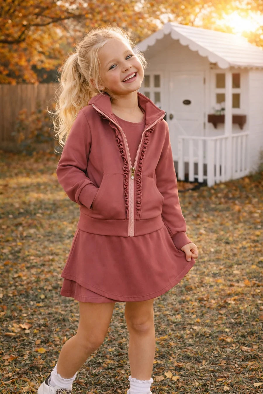 Mauve Ruffle Zip Up Jacket
