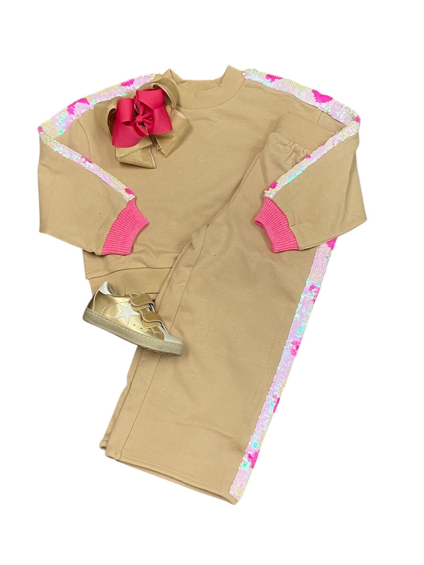Beige Sequin Stripe Pant Set