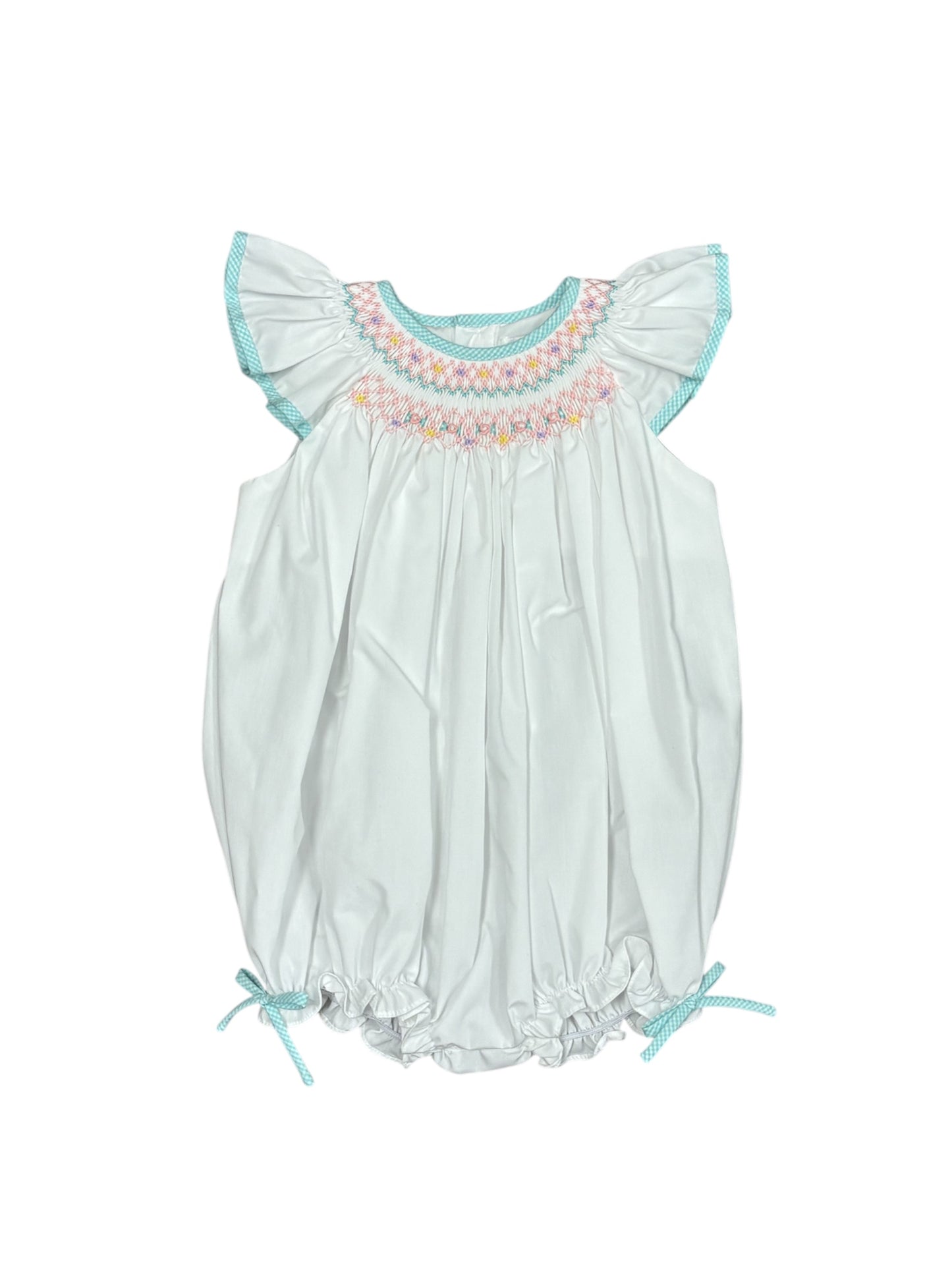 White & Teal Smocked Embroidered Bubble