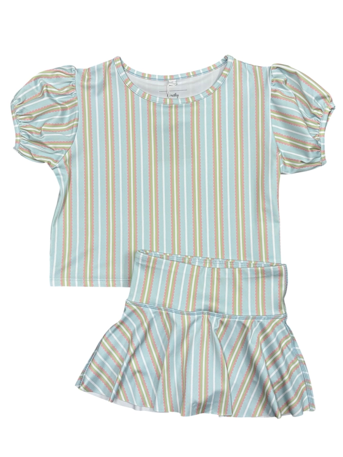 Blue/Pink Stripe Puff Sleeve Top