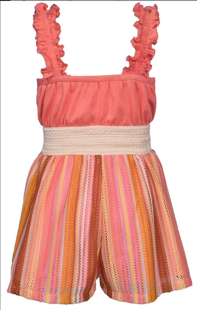Coral Stripe Crochet Romper