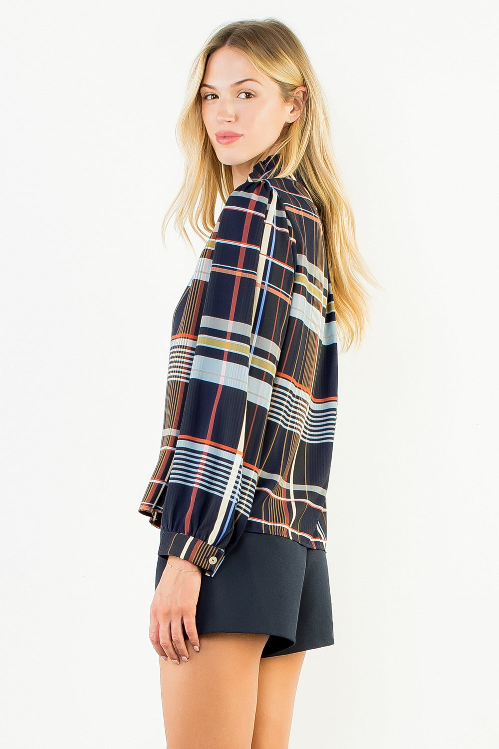 Black Multi Plaid Button Down Top