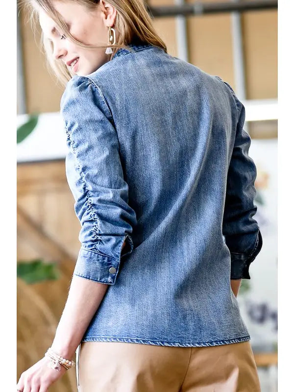 Shirring Detail Sleeve Top - Denim Blue