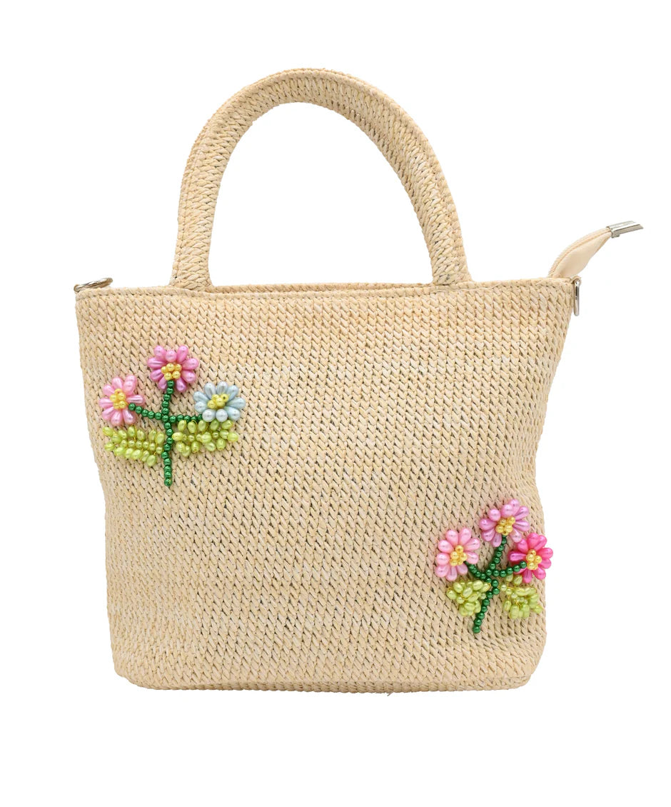 Beaded Flower Raffia Bag w/ Strap