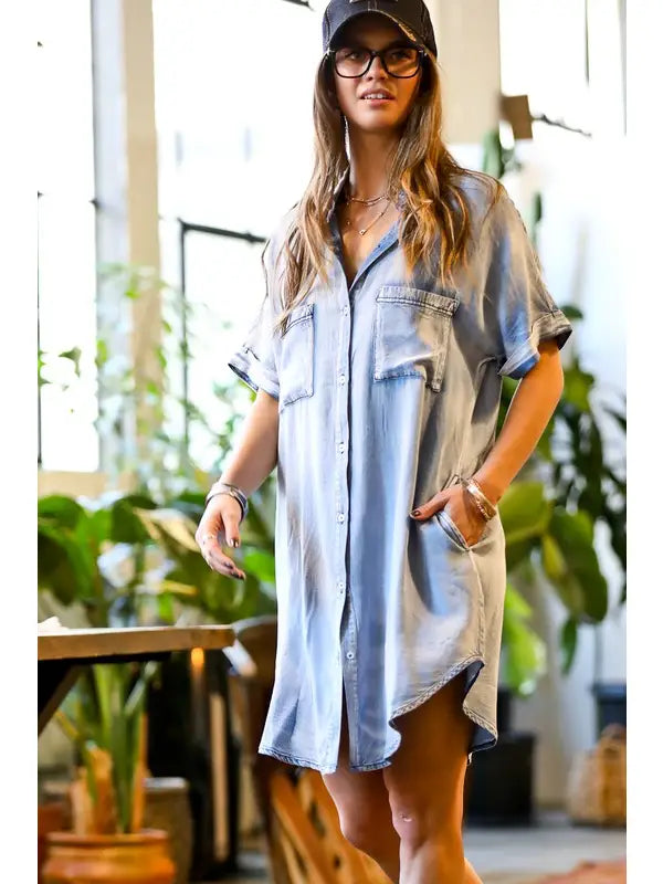 Short Sleeve Front Button Down Denim Shirt