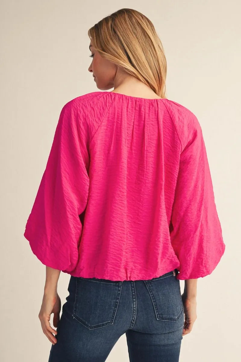 3/4 Puff Sleeve Crinkle Top - Fuschia