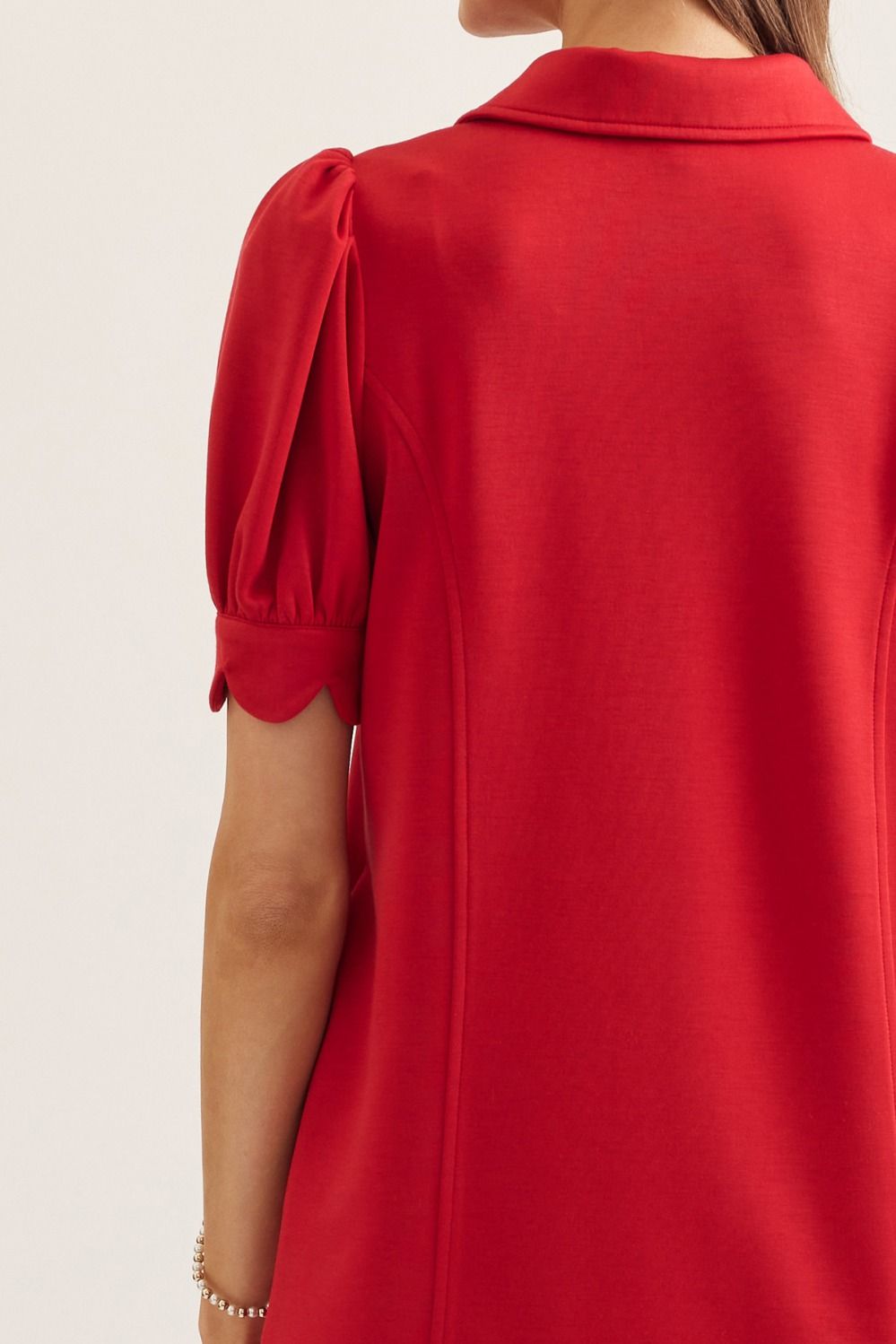 Puff Sleeve Scallop Dress - Red