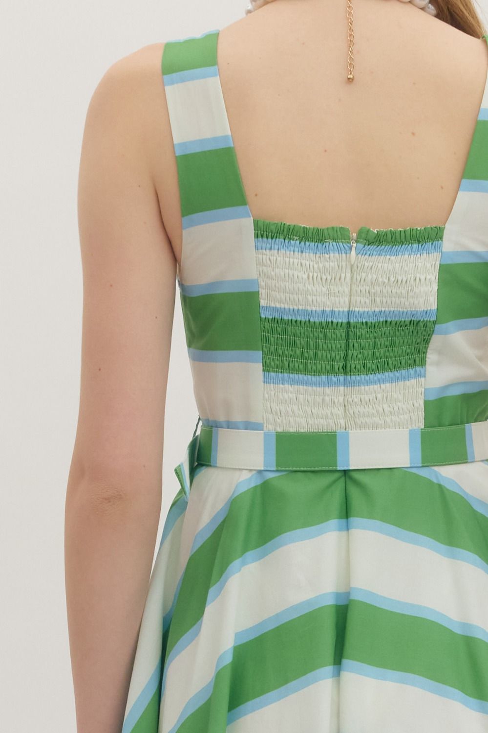Green Belted Striped Midi Dress