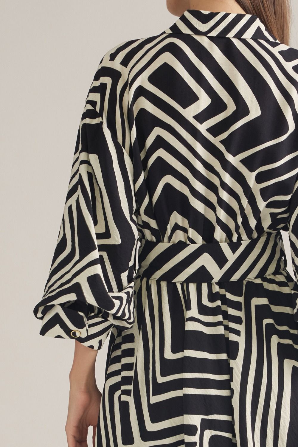 Black Geometric Belted Midi Dress