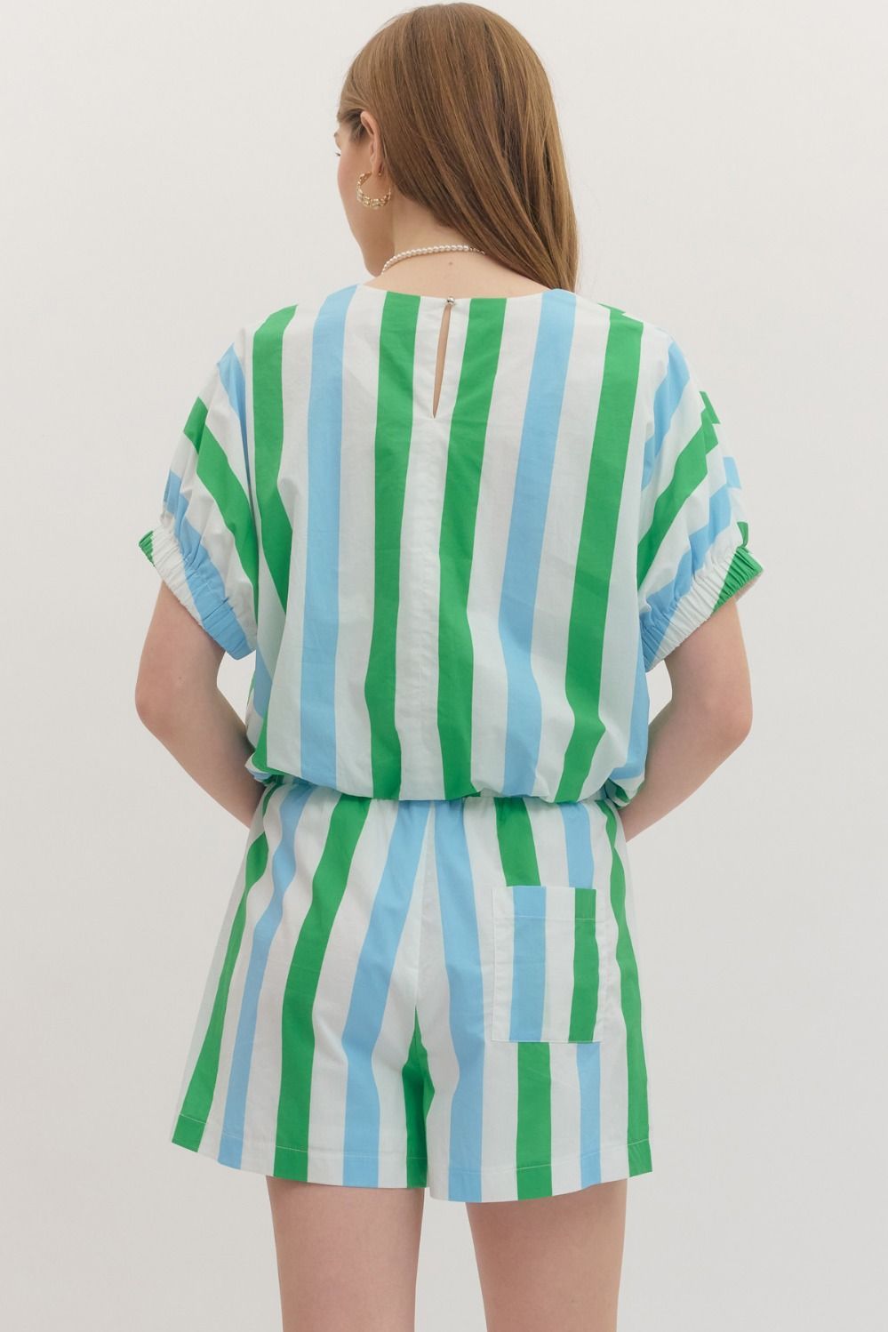 Blue And Green Striped Short Set